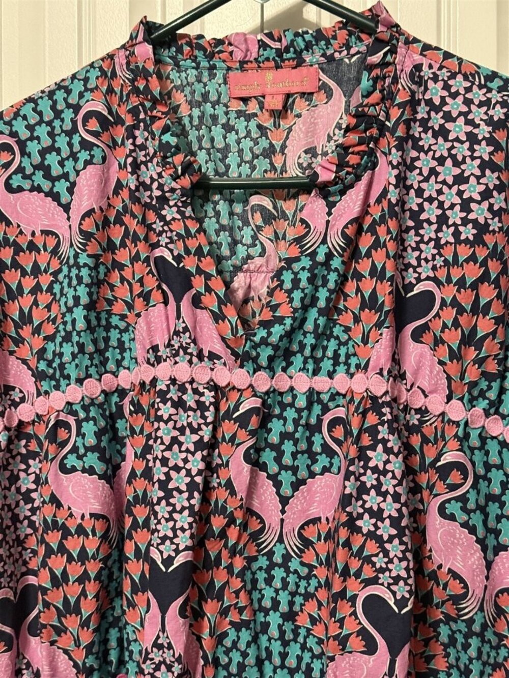 Simply Southern Blouse Pink Flamingo Ruffle Ric Rac Womens Large Flowy Tropical - Picture 7 of 10